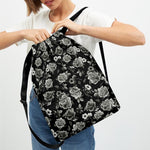 Monochrome Rose Floral Pattern Print Drawstring Backpack