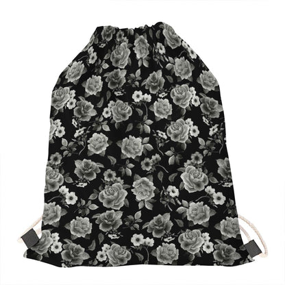 Monochrome Rose Floral Pattern Print Drawstring Bag