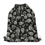 Monochrome Rose Floral Pattern Print Drawstring Bag