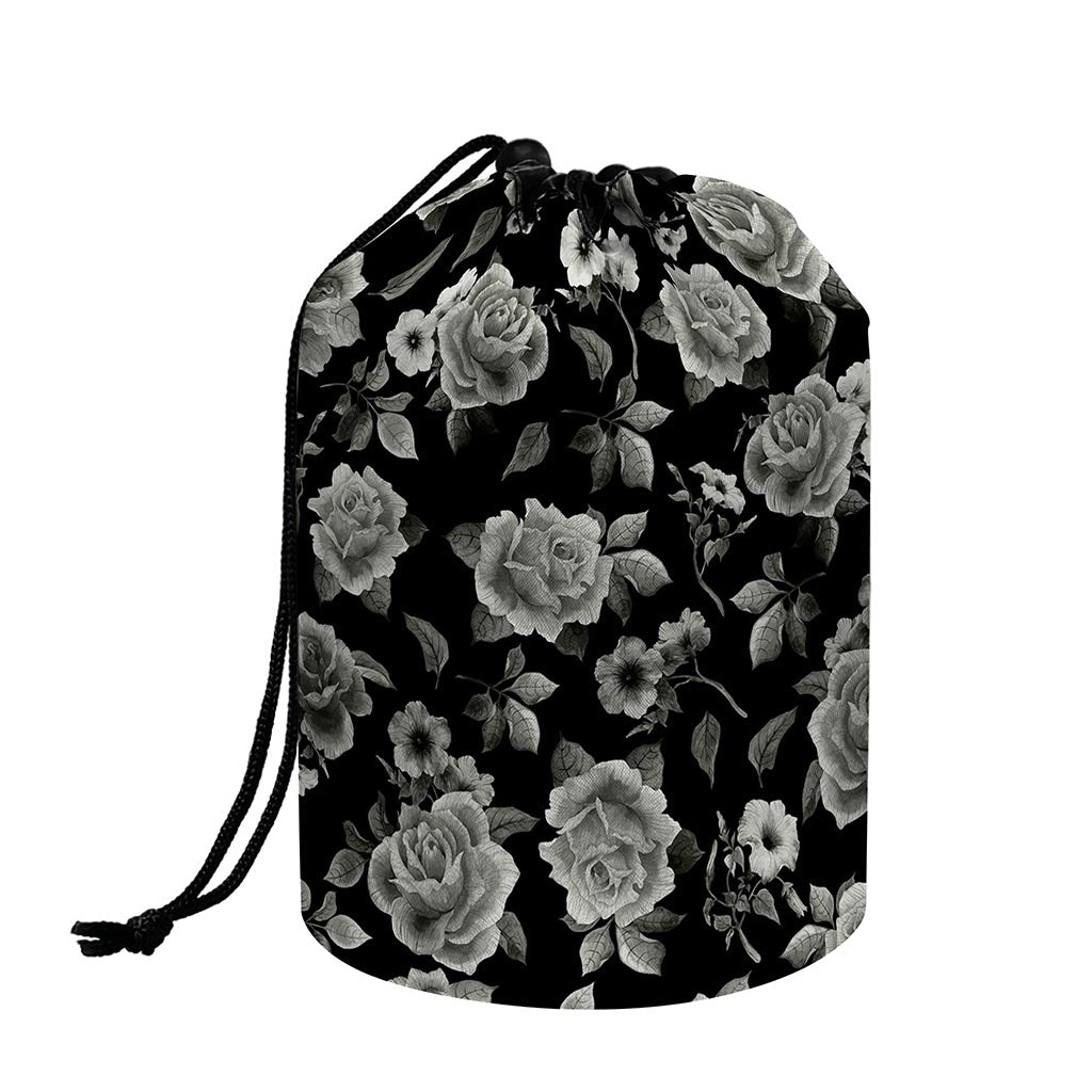 Monochrome Rose Floral Pattern Print Drawstring Makeup Bag