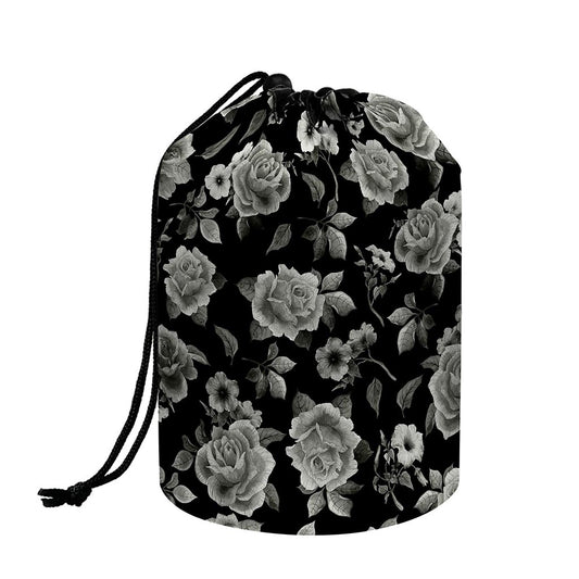 Monochrome Rose Floral Pattern Print Drawstring Makeup Bag