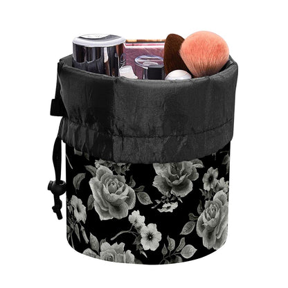 Monochrome Rose Floral Pattern Print Drawstring Makeup Bag