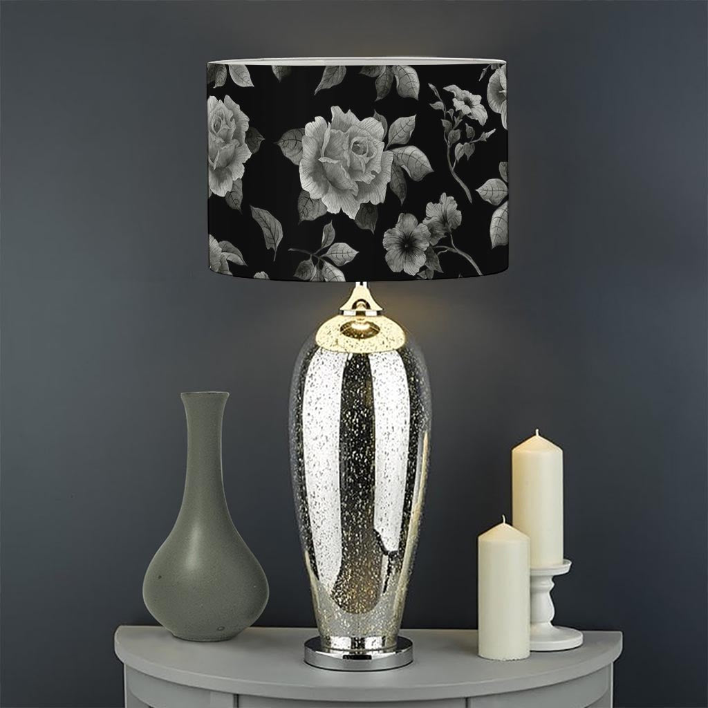 Monochrome Rose Floral Pattern Print Drum Lamp Shade