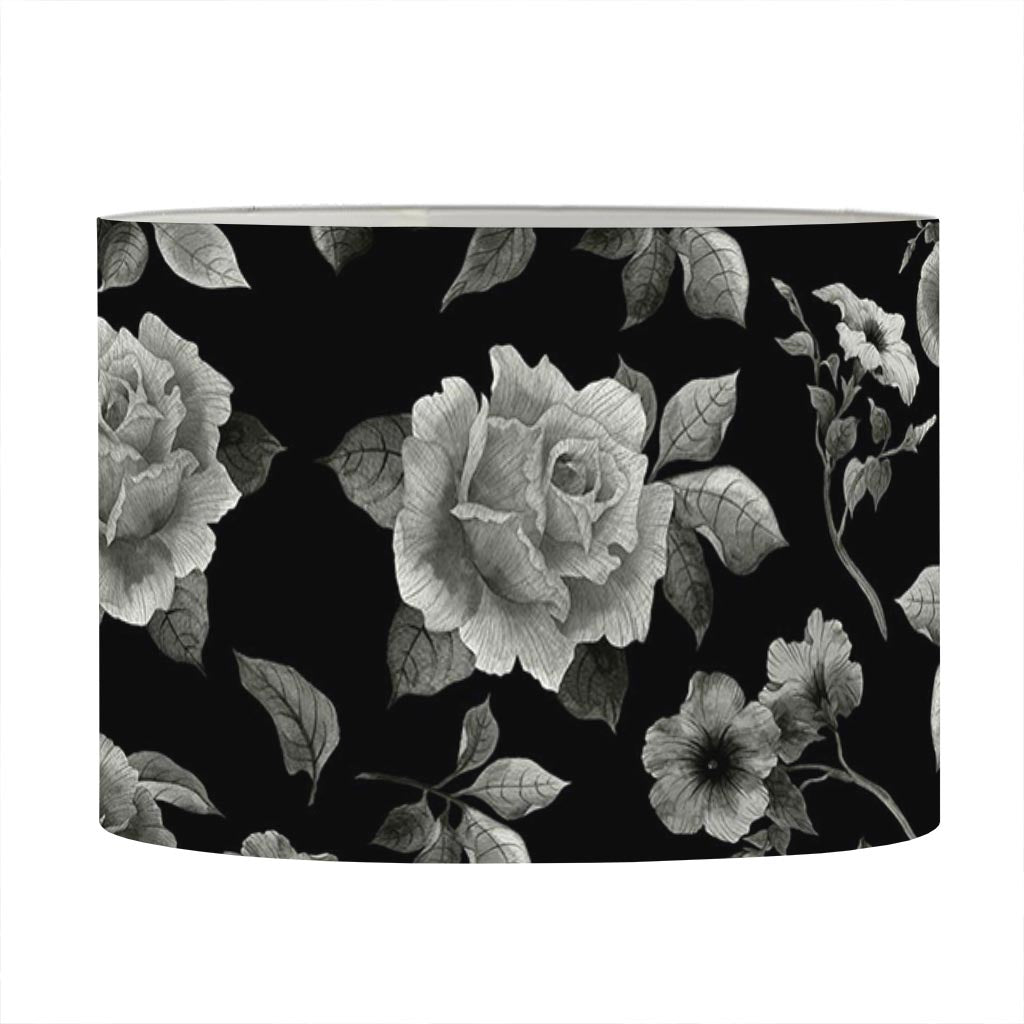 Monochrome Rose Floral Pattern Print Drum Lamp Shade