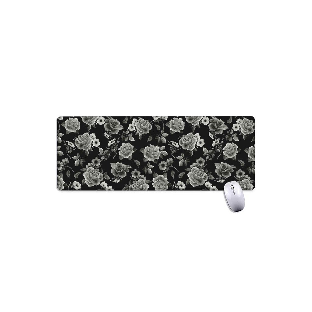 Monochrome Rose Floral Pattern Print Extended Mouse Pad