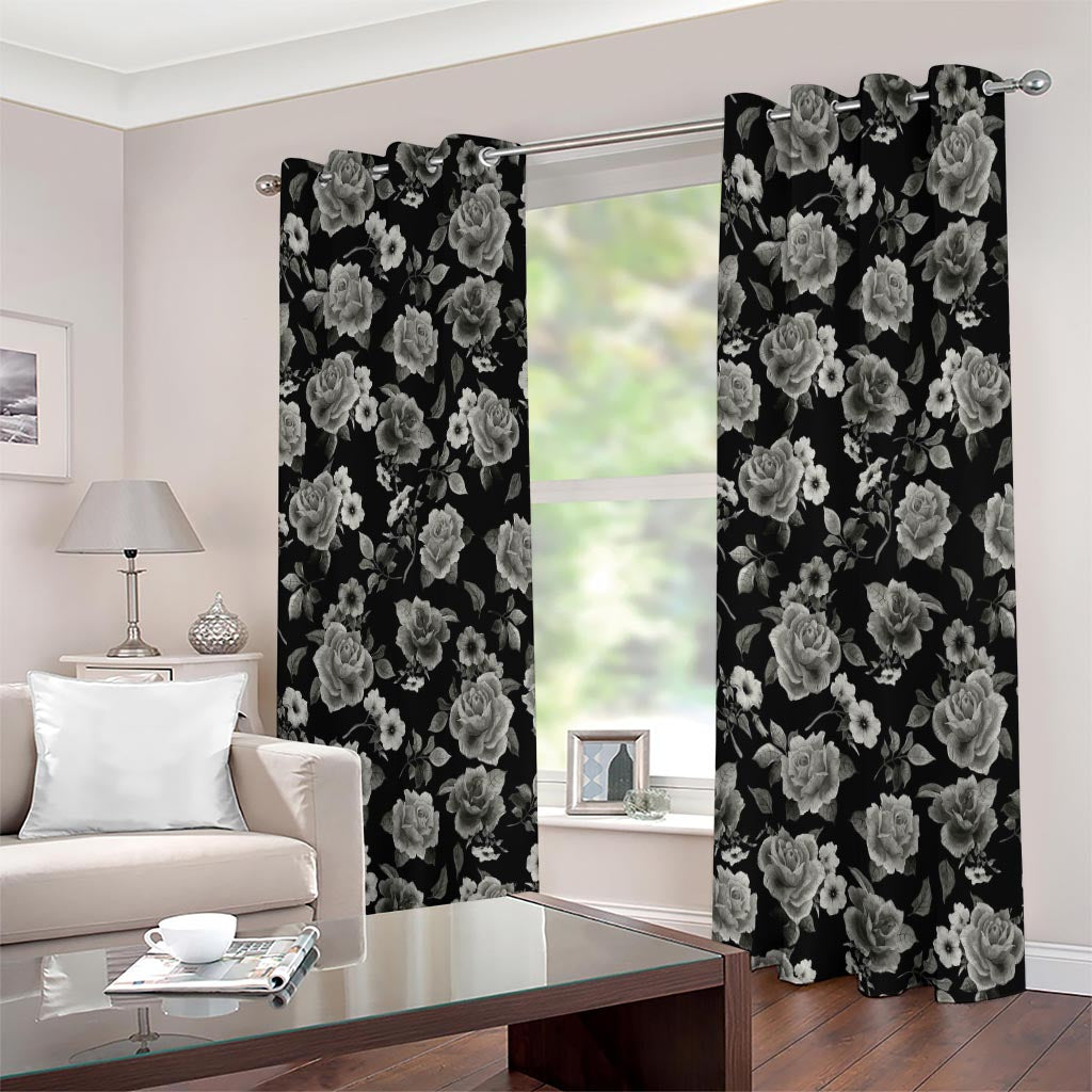 Monochrome Rose Floral Pattern Print Extra Wide Grommet Curtains