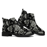 Monochrome Rose Floral Pattern Print Flat Ankle Boots