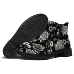 Monochrome Rose Floral Pattern Print Flat Ankle Boots