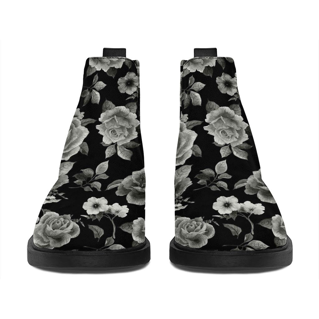 Monochrome Rose Floral Pattern Print Flat Ankle Boots