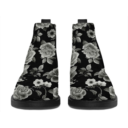 Monochrome Rose Floral Pattern Print Flat Ankle Boots