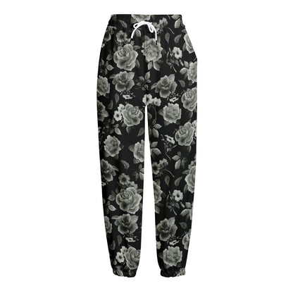 Monochrome Rose Floral Pattern Print Fleece Lined Knit Pants