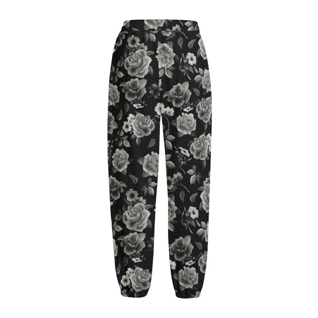 Monochrome Rose Floral Pattern Print Fleece Lined Knit Pants
