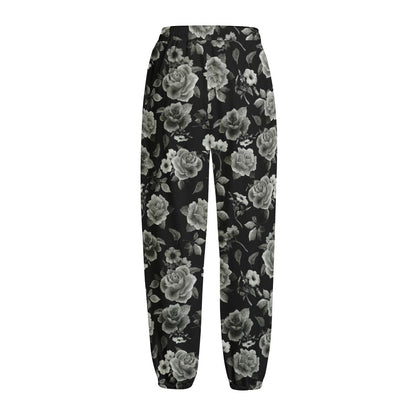 Monochrome Rose Floral Pattern Print Fleece Lined Knit Pants