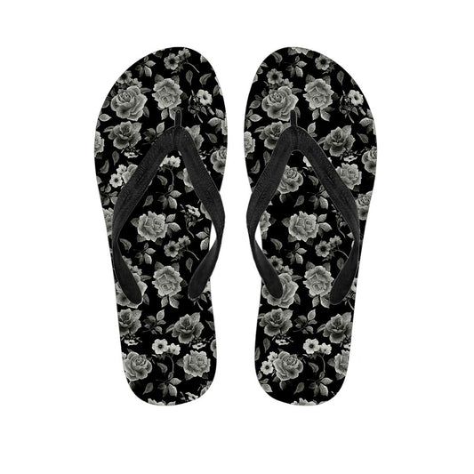 Monochrome Rose Floral Pattern Print Flip Flops