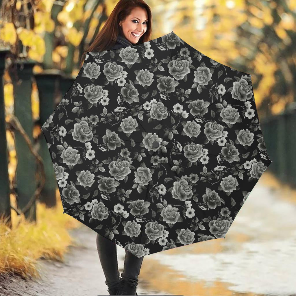 Monochrome Rose Floral Pattern Print Foldable Umbrella