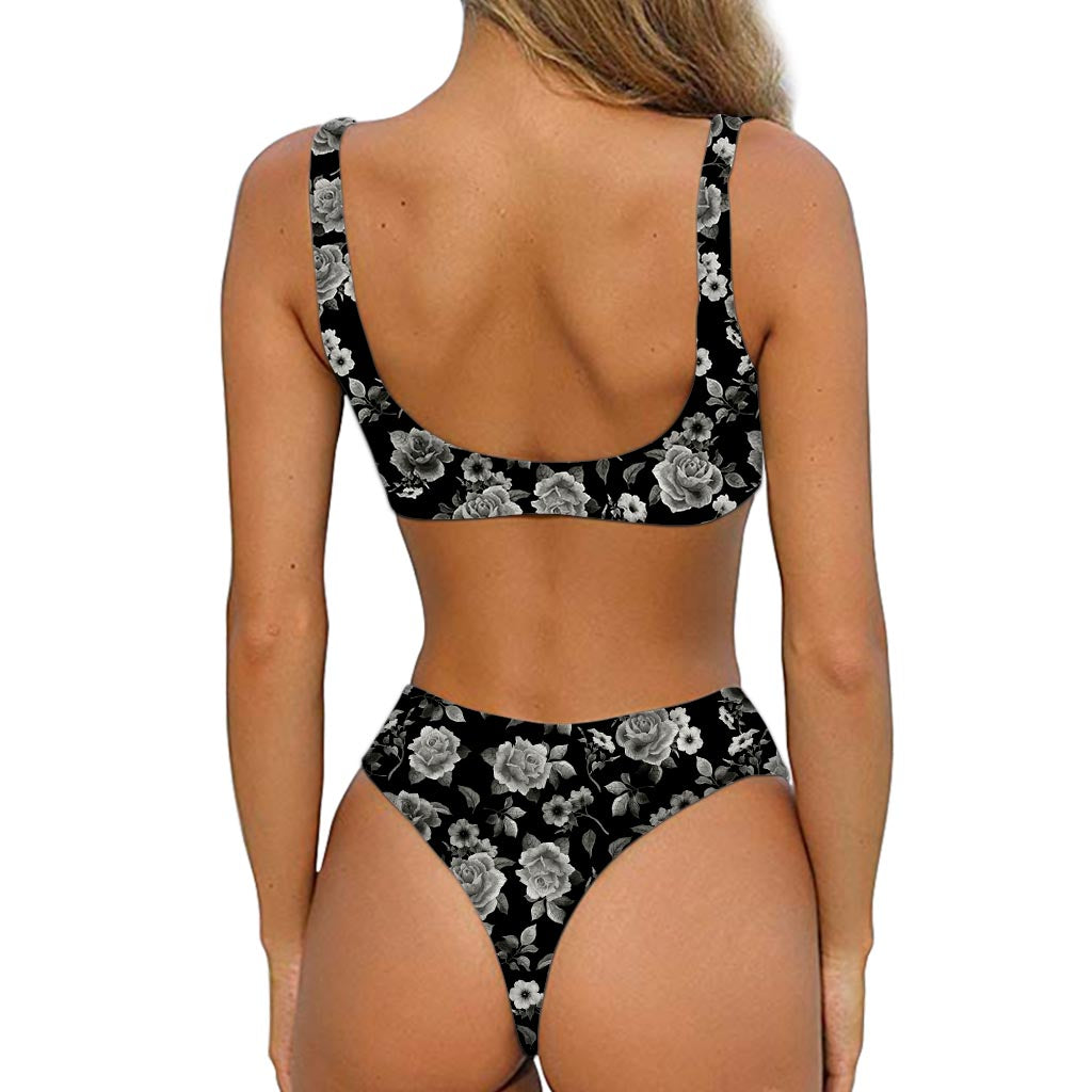 Monochrome Rose Floral Pattern Print Front Bow Tie Bikini