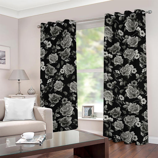 Monochrome Rose Floral Pattern Print Grommet Curtains