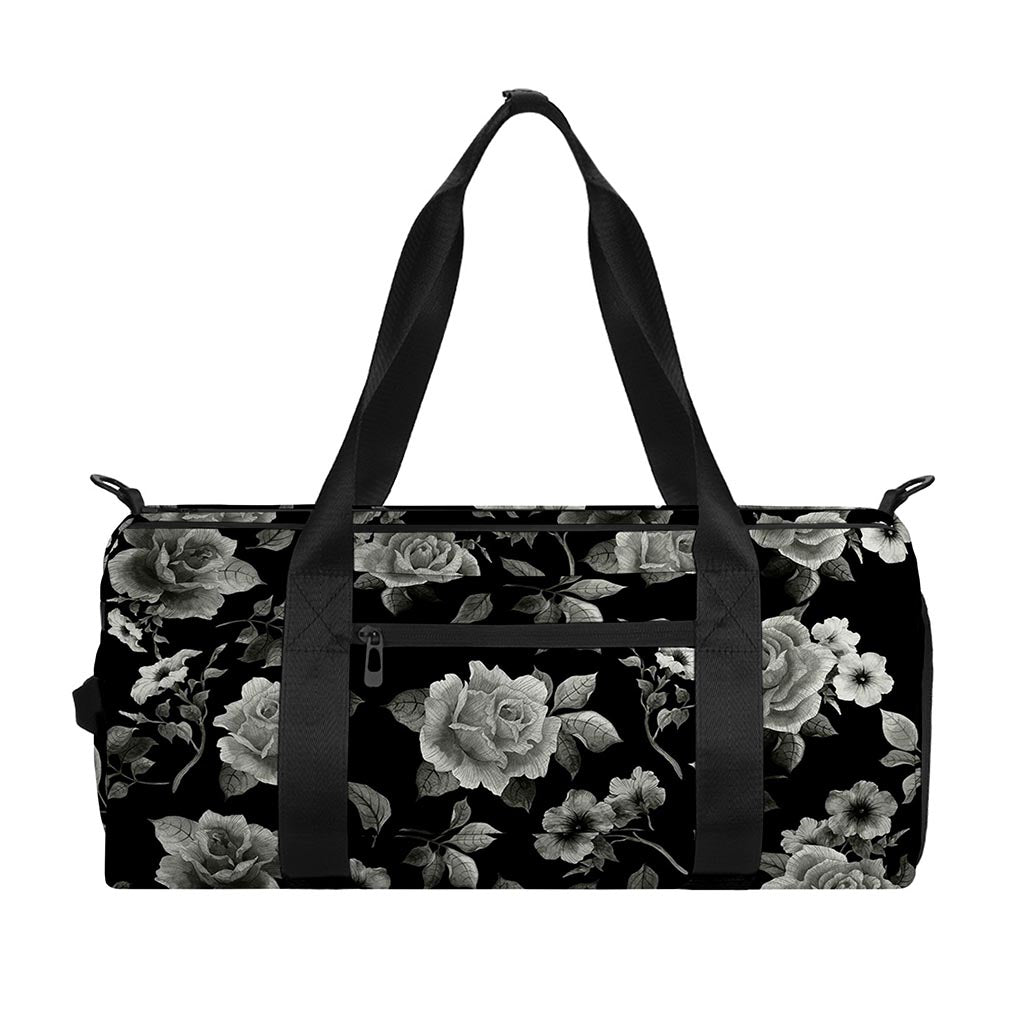 Monochrome Rose Floral Pattern Print Gym Bag