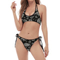 Monochrome Rose Floral Pattern Print Halter Scoop Tie Side Bikini
