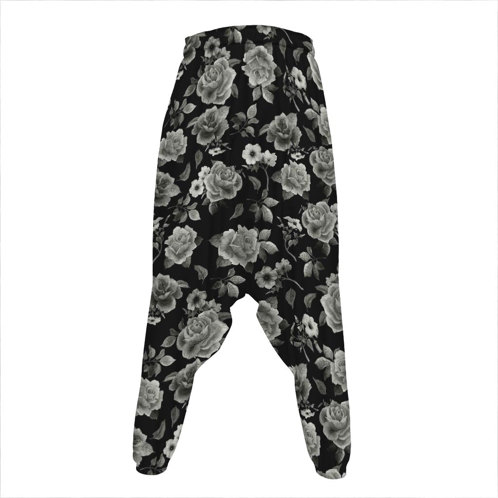 Monochrome Rose Floral Pattern Print Hammer Pants