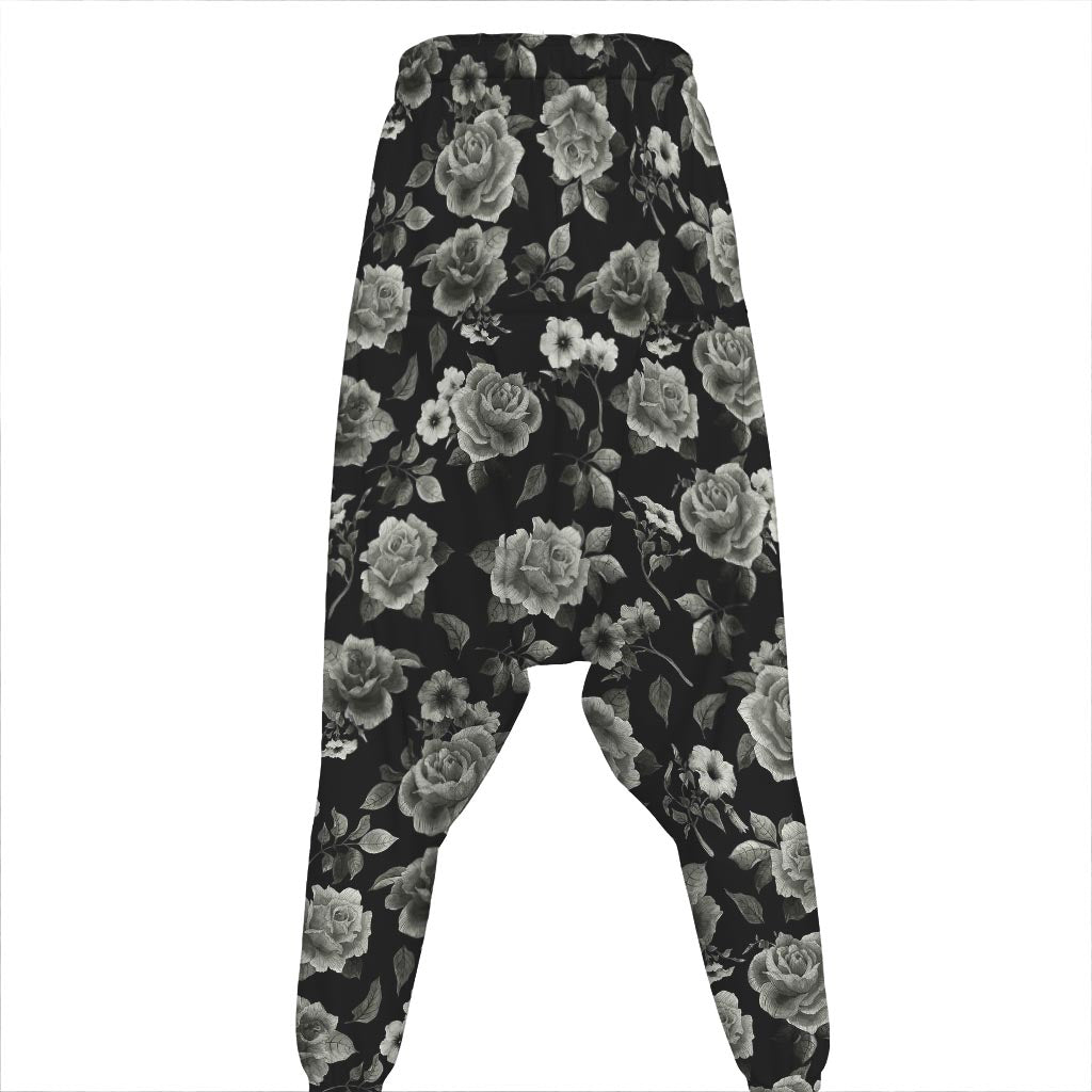 Monochrome Rose Floral Pattern Print Hammer Pants