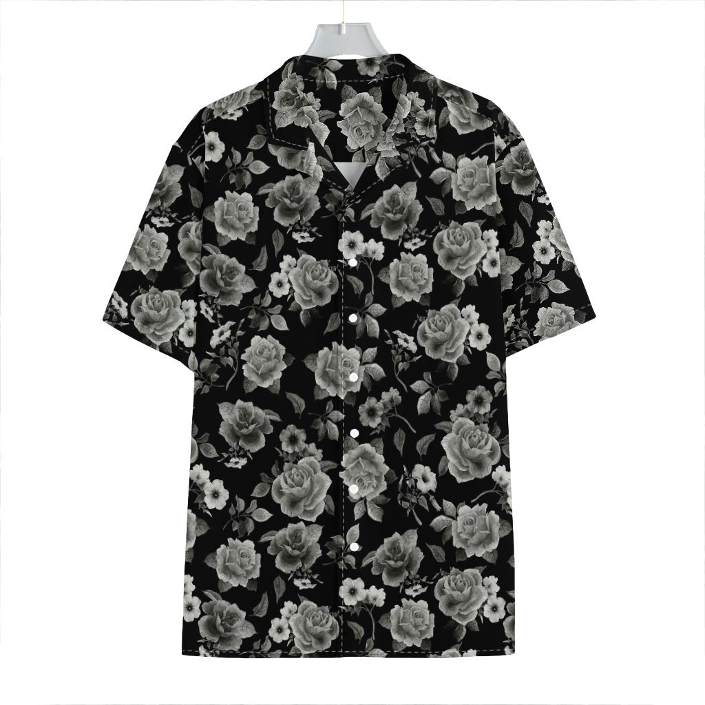Monochrome Rose Floral Pattern Print Hawaiian Shirt