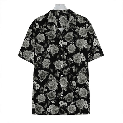 Monochrome Rose Floral Pattern Print Hawaiian Shirt