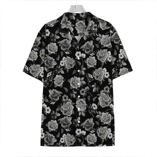 Monochrome Rose Floral Pattern Print Hawaiian Shirt