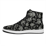 Monochrome Rose Floral Pattern Print High Top Leather Sneakers