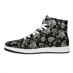 Monochrome Rose Floral Pattern Print High Top Leather Sneakers