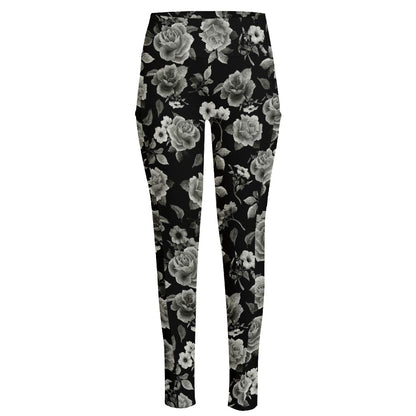Monochrome Rose Floral Pattern Print High-Waisted Pocket Leggings
