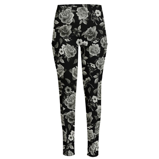 Monochrome Rose Floral Pattern Print High-Waisted Pocket Leggings