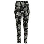 Monochrome Rose Floral Pattern Print High-Waisted Pocket Leggings