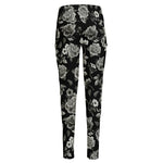 Monochrome Rose Floral Pattern Print High-Waisted Pocket Leggings