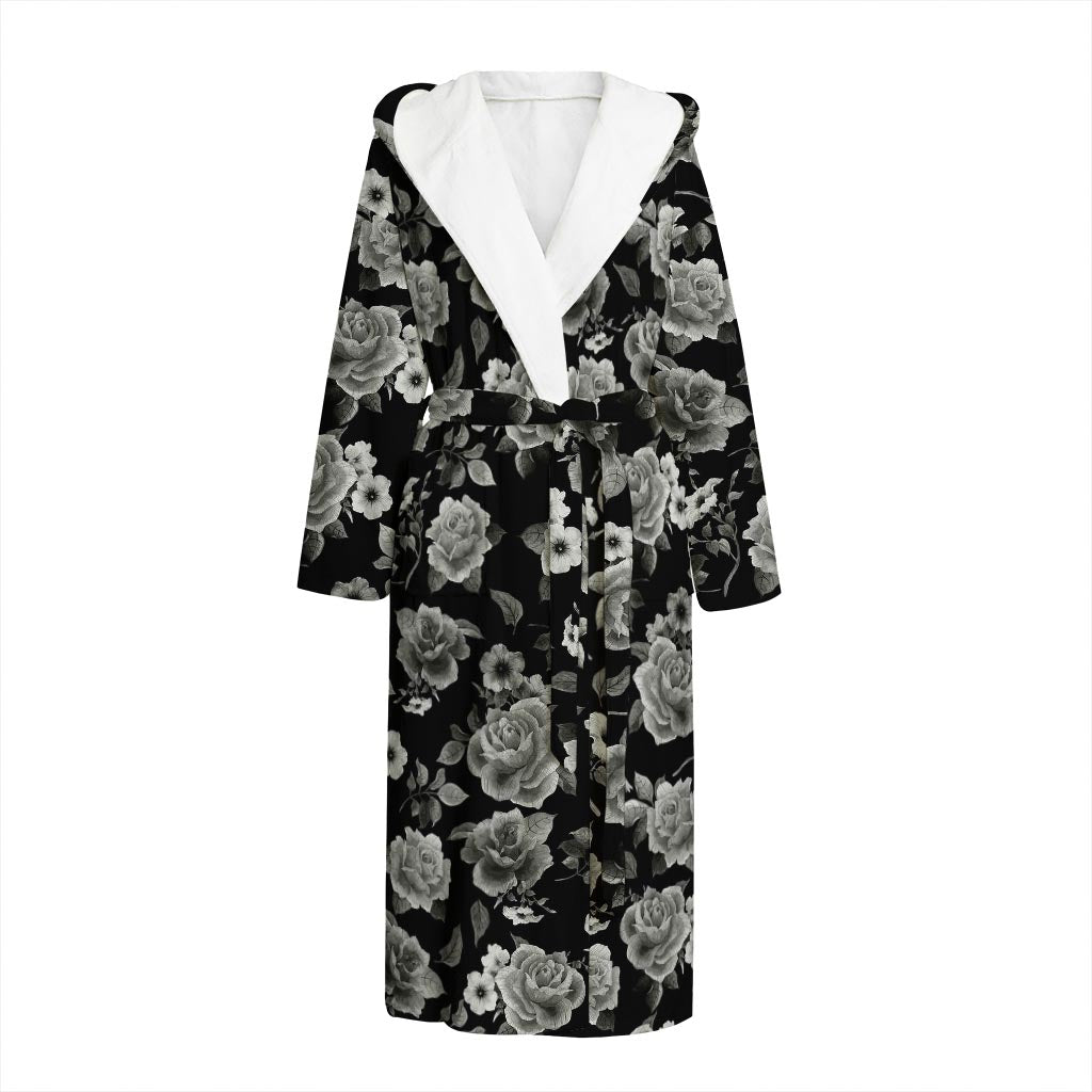Monochrome Rose Floral Pattern Print Hooded Bathrobe