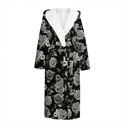 Monochrome Rose Floral Pattern Print Hooded Bathrobe