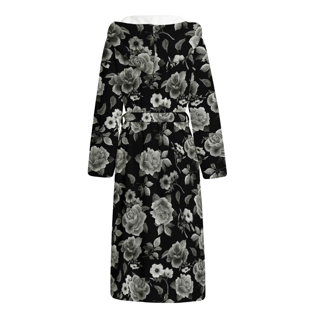 Monochrome Rose Floral Pattern Print Hooded Bathrobe