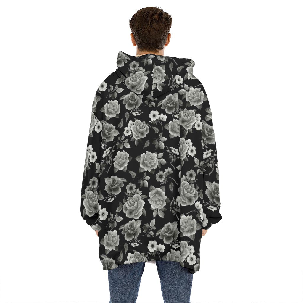 Monochrome Rose Floral Pattern Print Hoodie Blanket