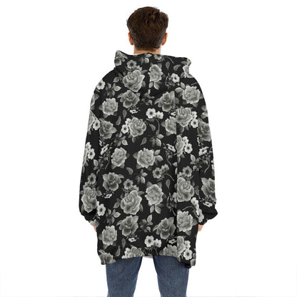 Monochrome Rose Floral Pattern Print Hoodie Blanket