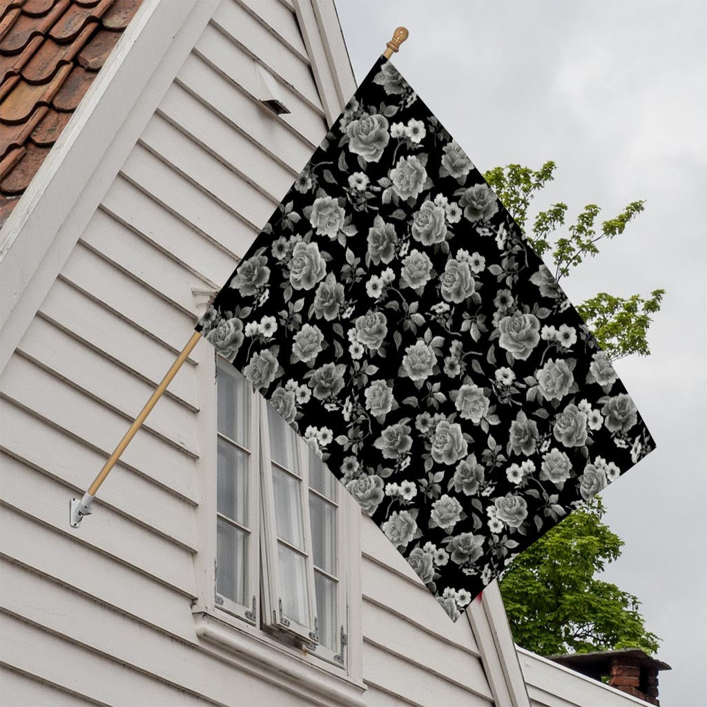 Monochrome Rose Floral Pattern Print House Flag