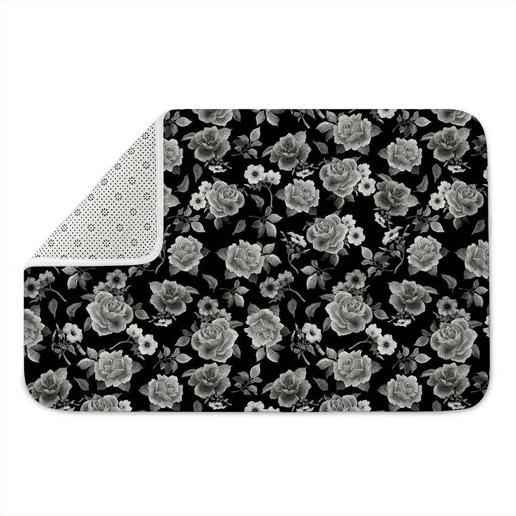 Monochrome Rose Floral Pattern Print Indoor Door Mat