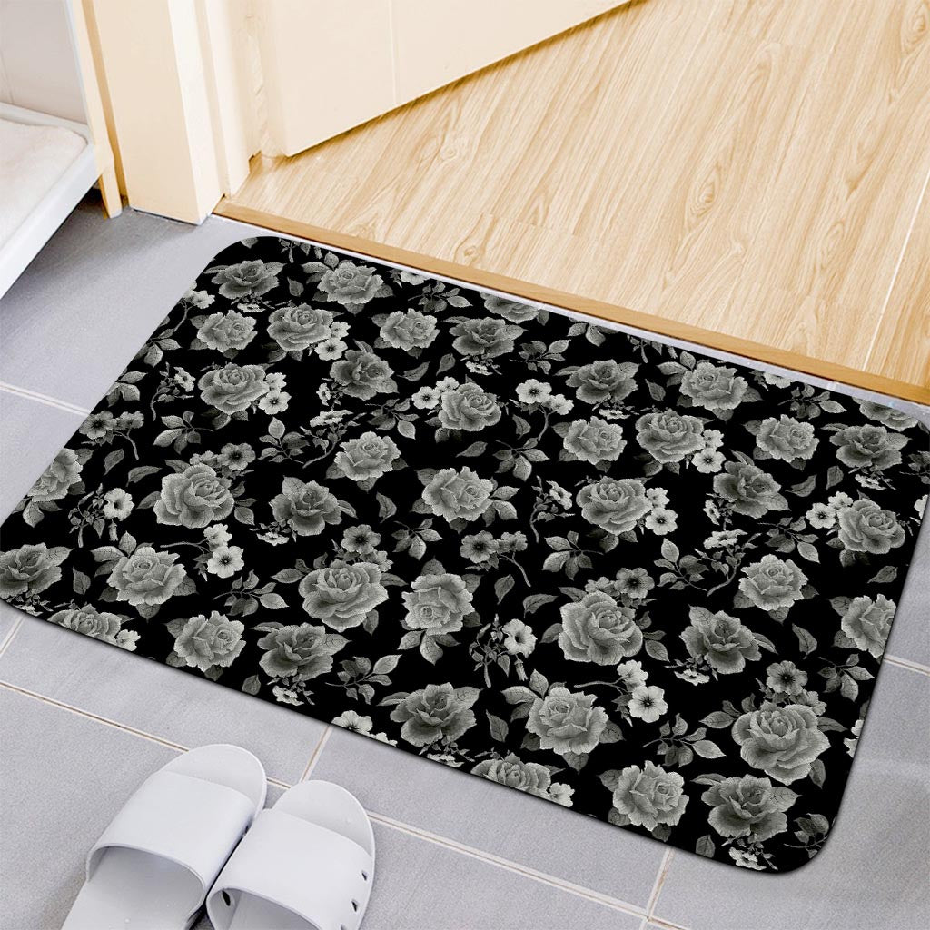 Monochrome Rose Floral Pattern Print Indoor Door Mat