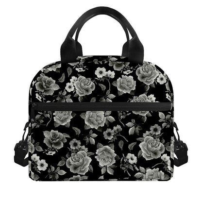Monochrome Rose Floral Pattern Print Insulated Lunch Bag