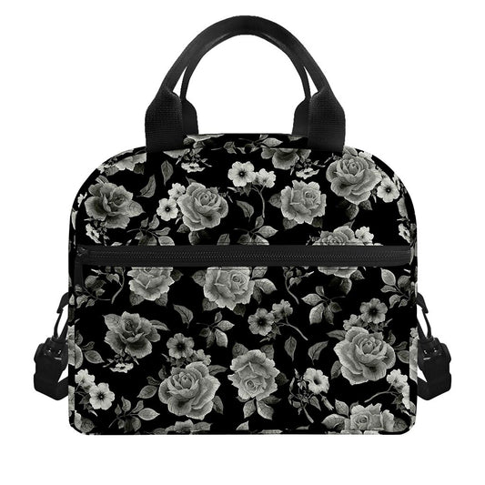 Monochrome Rose Floral Pattern Print Insulated Lunch Bag