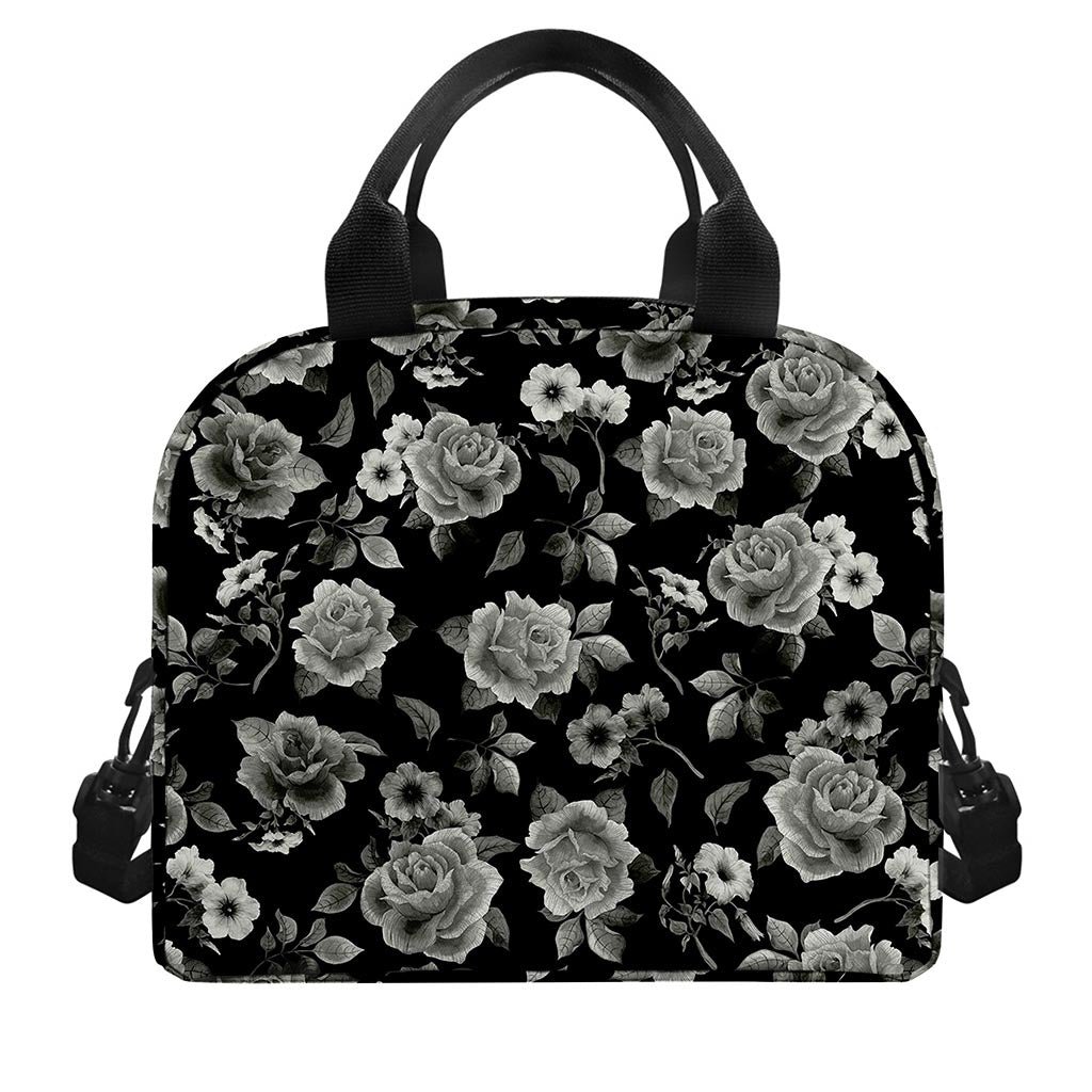 Monochrome Rose Floral Pattern Print Insulated Lunch Bag