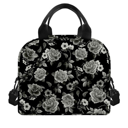 Monochrome Rose Floral Pattern Print Insulated Lunch Bag