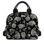Monochrome Rose Floral Pattern Print Insulated Lunch Bag