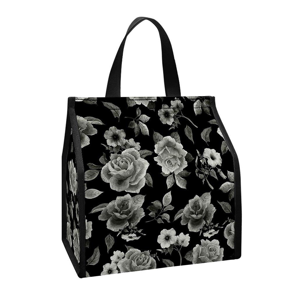 Monochrome Rose Floral Pattern Print Insulated Lunch Tote