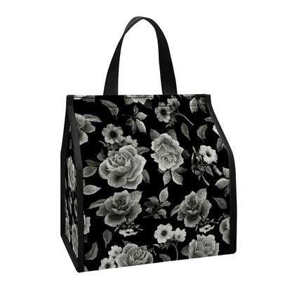 Monochrome Rose Floral Pattern Print Insulated Lunch Tote