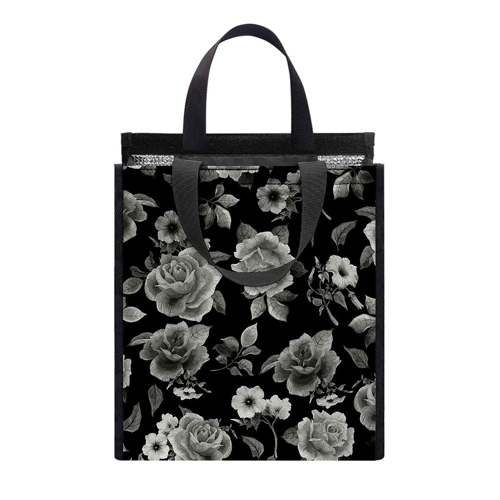 Monochrome Rose Floral Pattern Print Insulated Lunch Tote